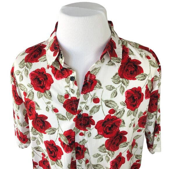 JOGAL Men's Red Rose Short Sleeve Casual Button Down 100% Cotton‎ Shirt Sz XXL - Picture 4 of 11